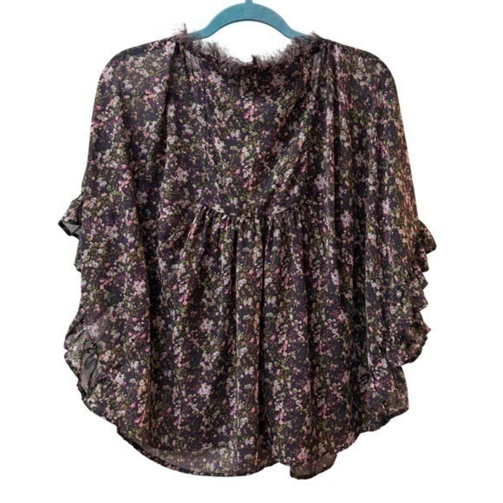 Pinky Womens Floral Boho Ruffle Sleeve Blouse Purple Pink Crochet Trim Medium